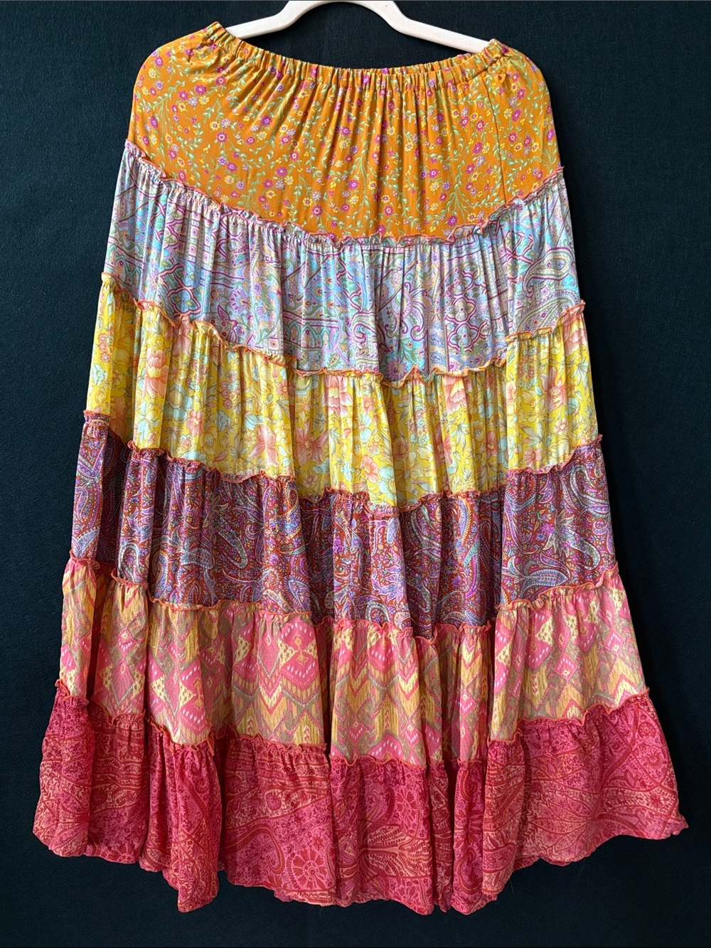 Casual Studio 100% Silk colorful patchwork maxi skirt with tiered ruffle design